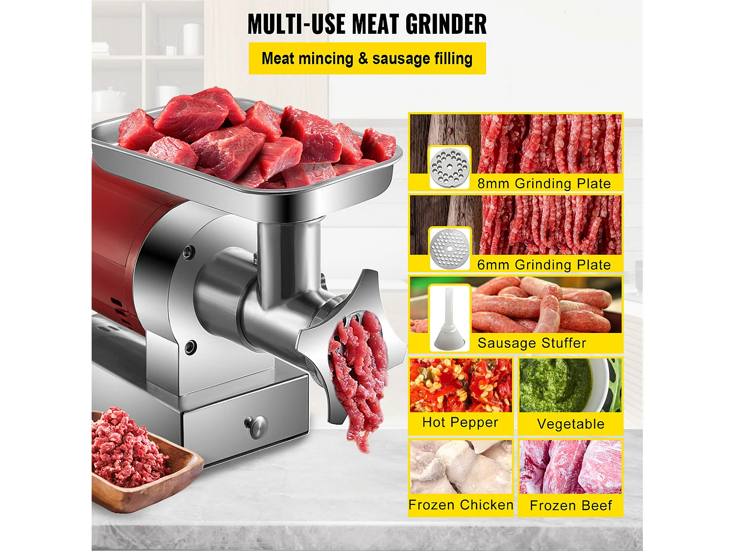 Hachoir à Viande SucceBuy Électrique 5kg/min Hachoir Électrique 1100 W, Excellent pour Cuisine Domestique et Petits Commerces Alimentaires