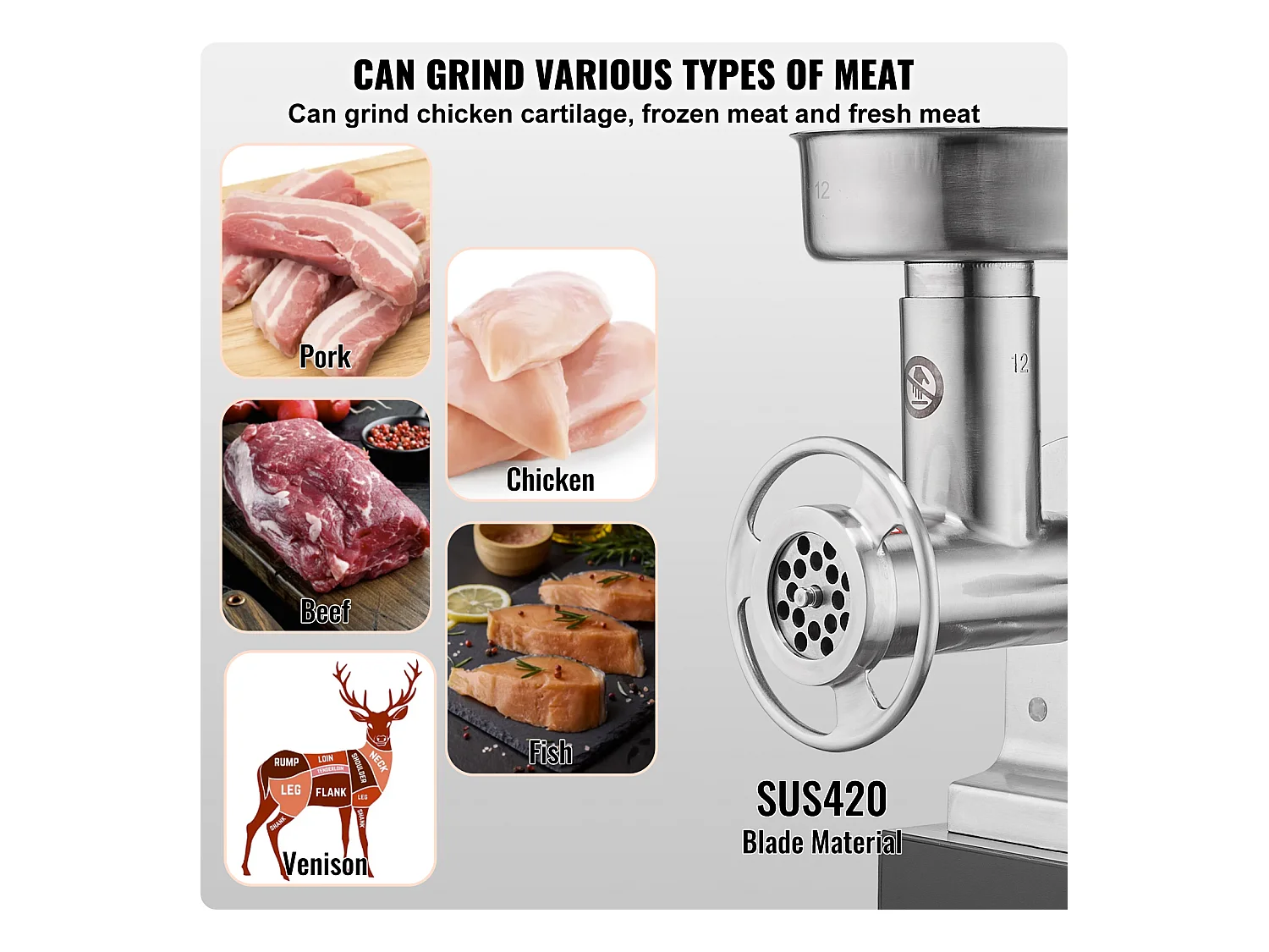 Moedor de Carne SucceBuy Elétrico Comercial 4kg/min Máquina de Salsichas Cozinha, Projetado para Restaurantes e Açougues com Alto Desempenho