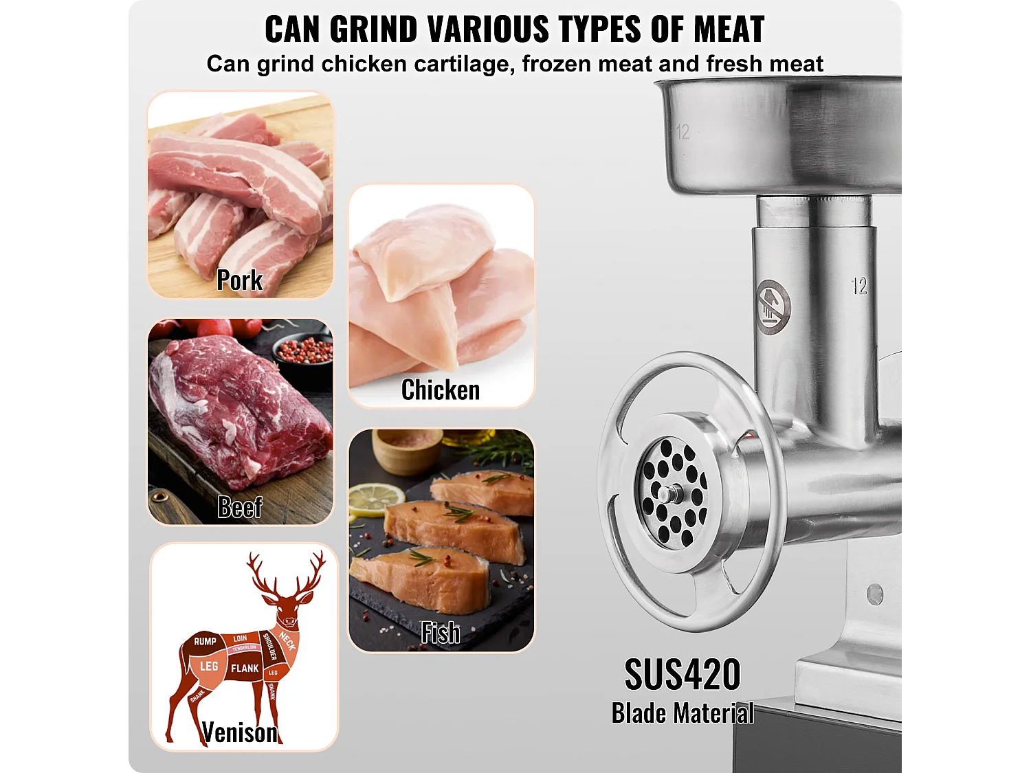 Hachoir à Viande SucceBuy Électrique Commercial 4kg/min Machine à Saucisses Cuisine, Conçu pour Restaurants et Boucheries avec Haute Performance