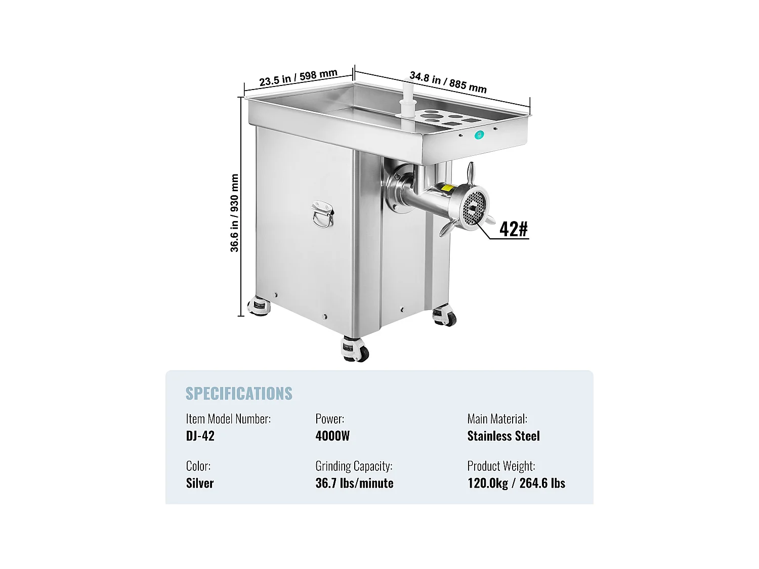 Hachoir à Viande SucceBuy Commercial Capacité de 17kg/min Acier Inoxydable, Parfait pour Préparations de Viande et Saucisses en Grande Quantité