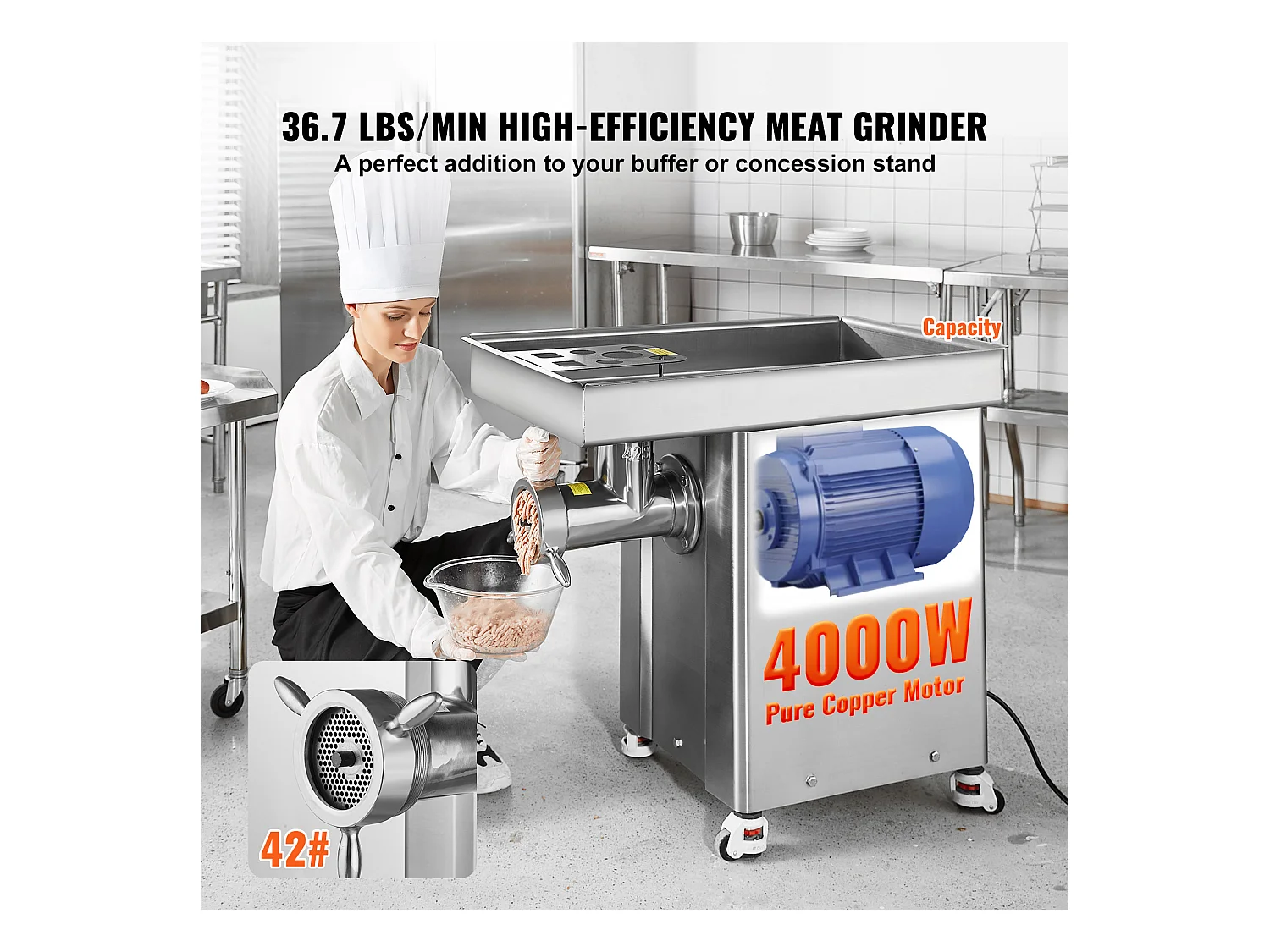 Hachoir à Viande SucceBuy Commercial Capacité de 17kg/min Acier Inoxydable, Parfait pour Préparations de Viande et Saucisses en Grande Quantité