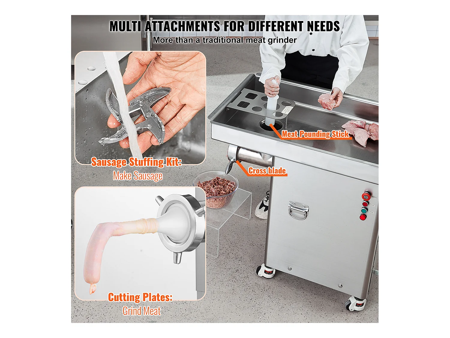 Hachoir à Viande SucceBuy Commercial Capacité de 17kg/min Acier Inoxydable, Parfait pour Préparations de Viande et Saucisses en Grande Quantité