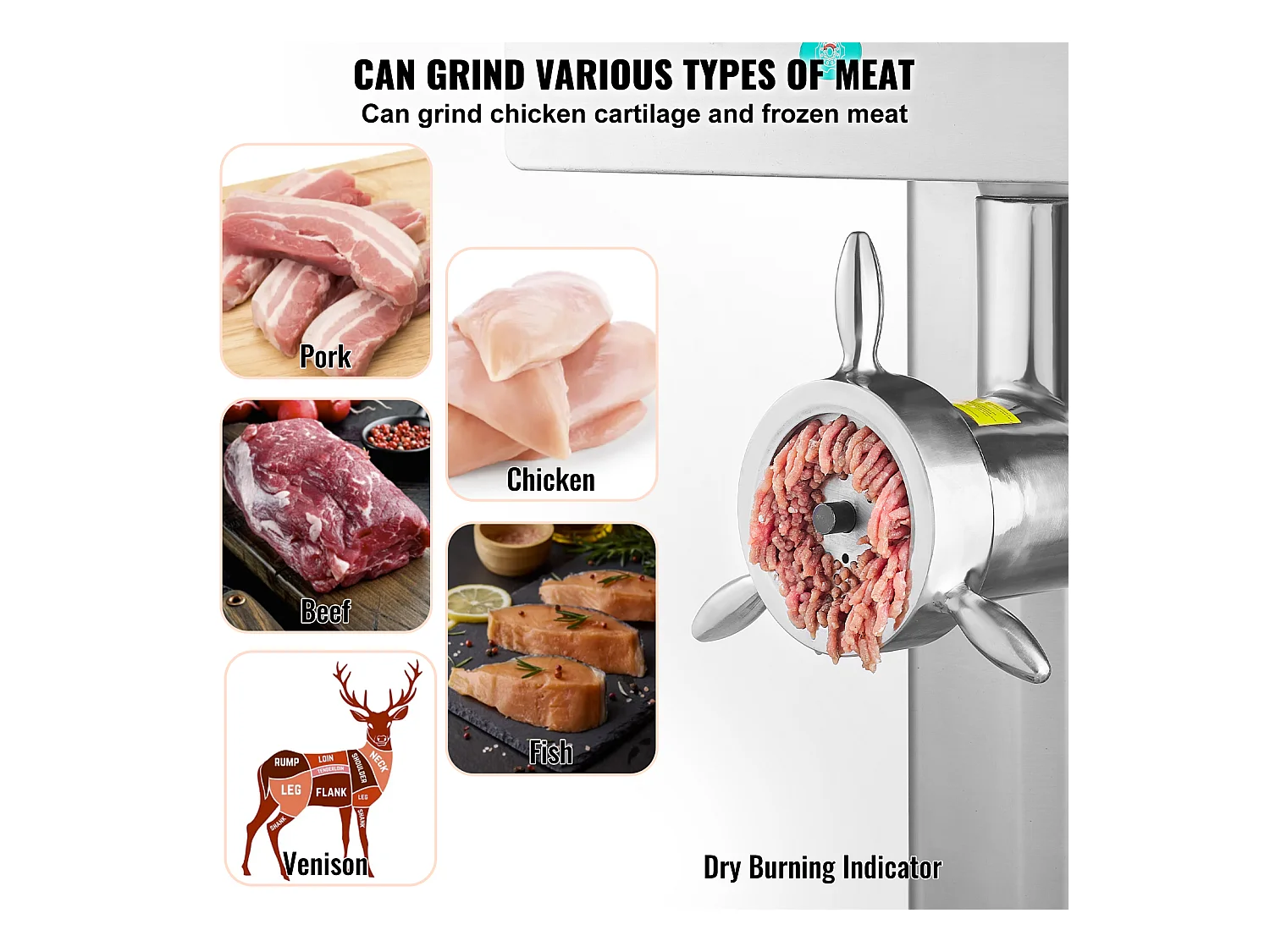 Hachoir à Viande SucceBuy Commercial Capacité de 17kg/min Acier Inoxydable, Parfait pour Préparations de Viande et Saucisses en Grande Quantité