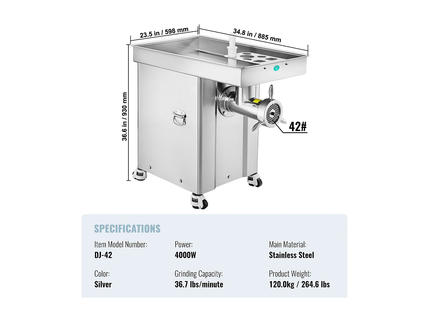 Hachoir à Viande SucceBuy Commercial Capacité de 17kg/min Acier Inoxydable, Parfait pour Préparations de Viande et Saucisses en Grande Quantité