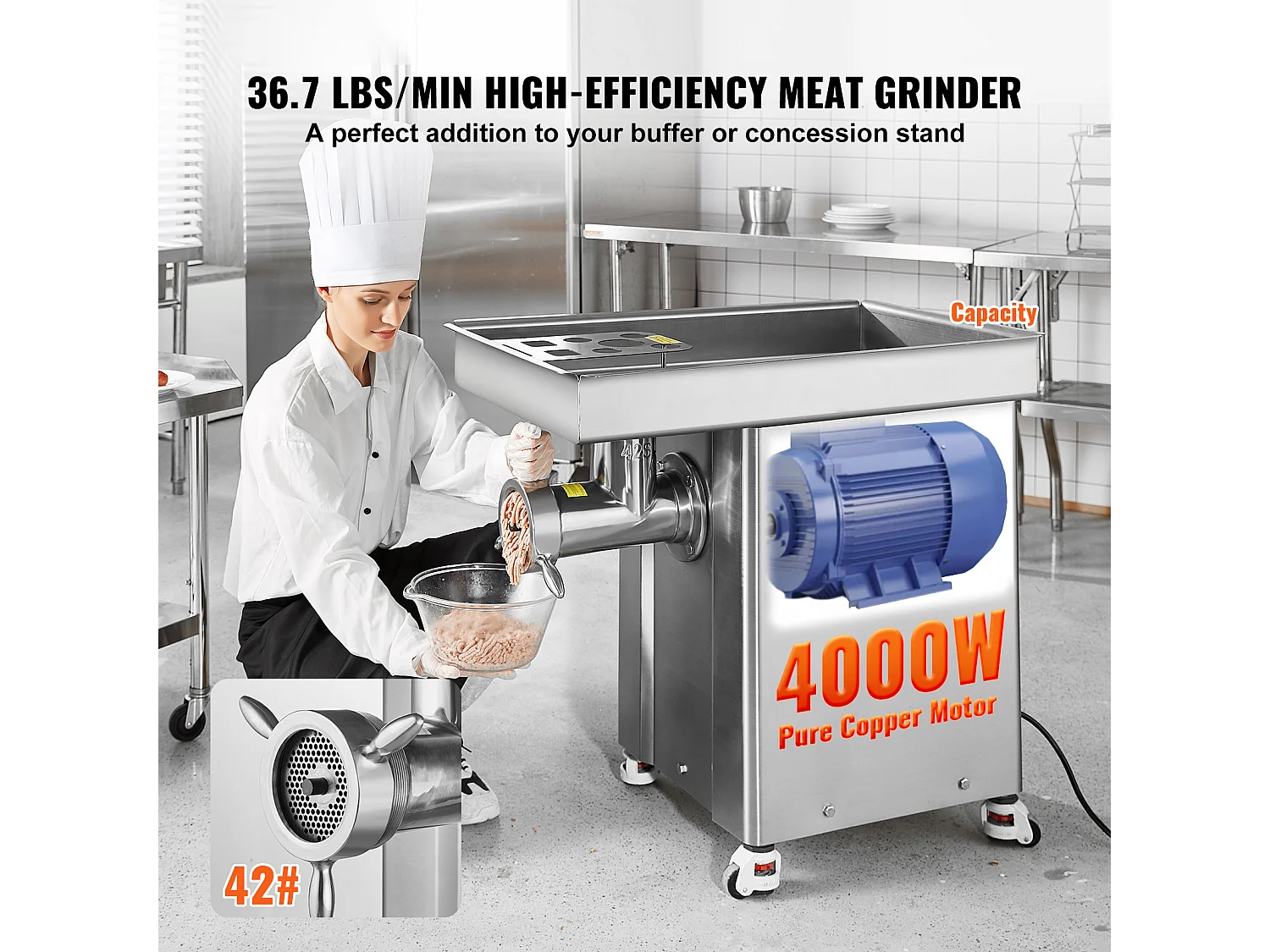 Hachoir à Viande SucceBuy Commercial Capacité de 17kg/min Acier Inoxydable, Parfait pour Préparations de Viande et Saucisses en Grande Quantité