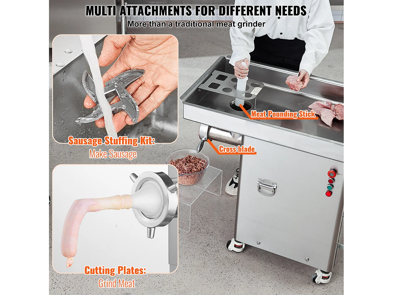 Hachoir à Viande SucceBuy Commercial Capacité de 17kg/min Acier Inoxydable, Parfait pour Préparations de Viande et Saucisses en Grande Quantité