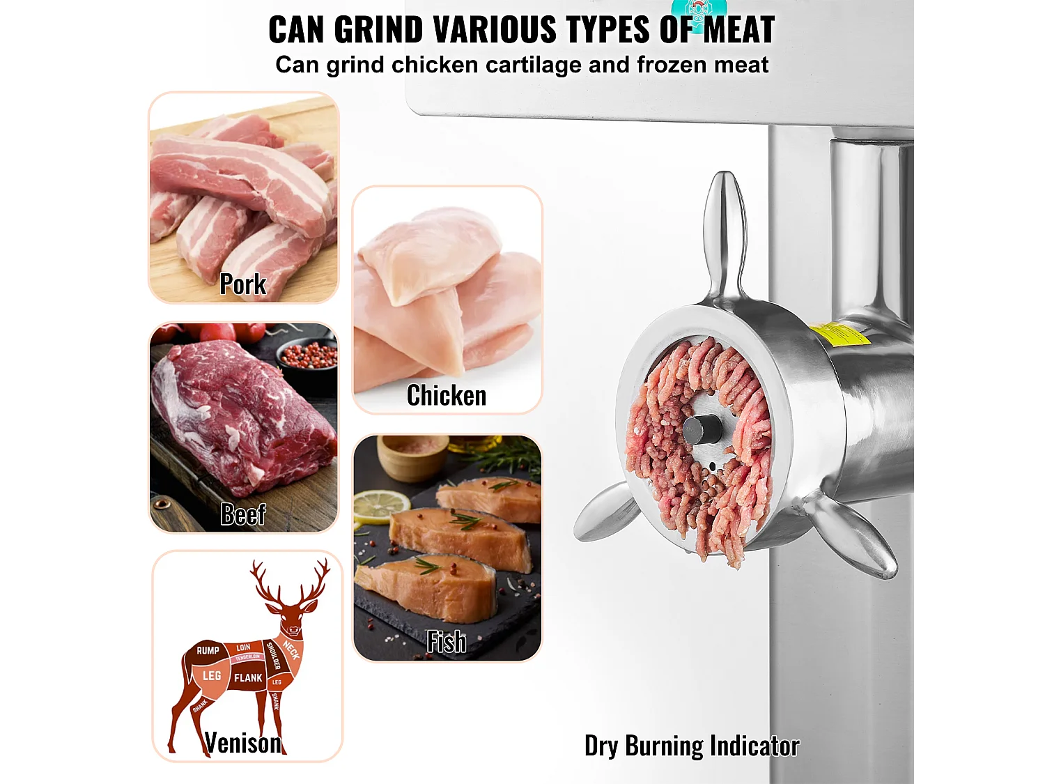 Hachoir à Viande SucceBuy Commercial Capacité de 17kg/min Acier Inoxydable, Parfait pour Préparations de Viande et Saucisses en Grande Quantité