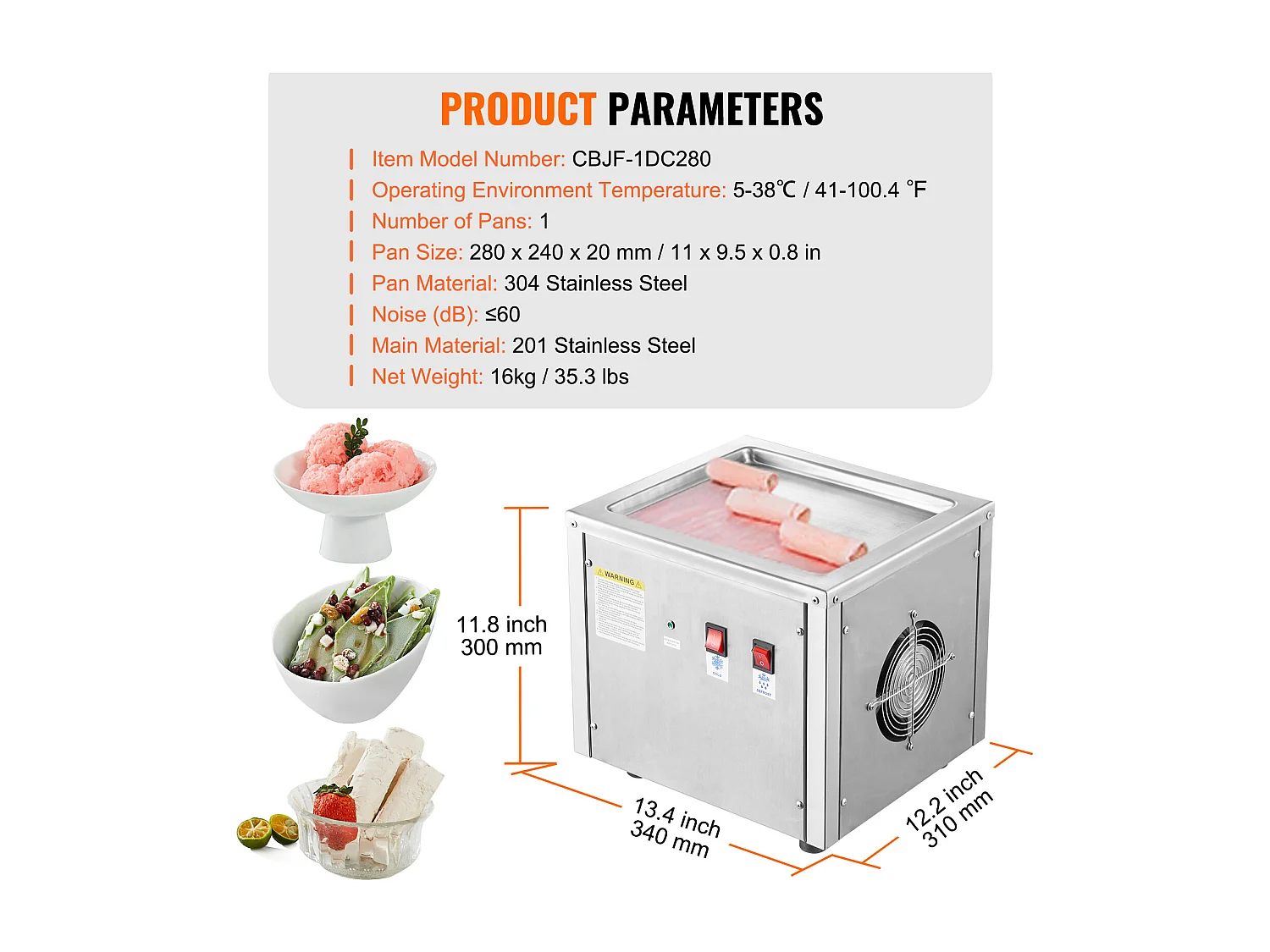 Sorbetière à Glace Frite SucceBuy Machine à Crème Glacée Frite 27,9 x 24,1 cm, Acier Inoxydable, avec Compresseur et 2 Grattoirs