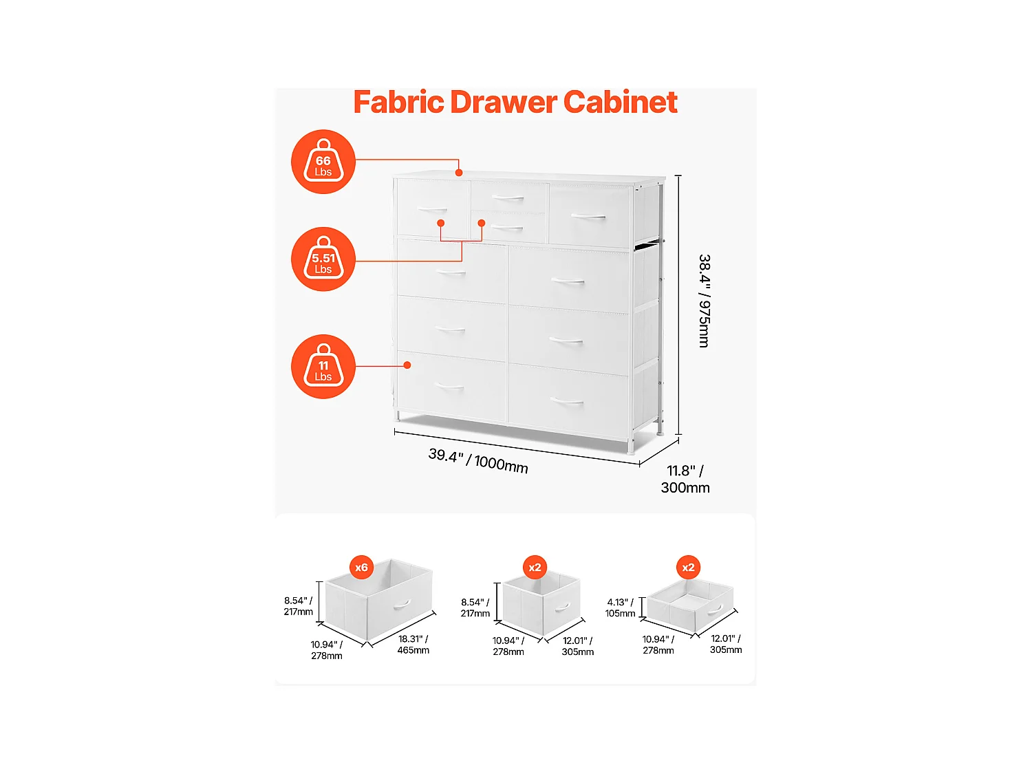 Cómoda con Cajones SucceBuy Cómoda de 10 Cajones, con Compartimentos de Tela y Estructura de Acero, Color Blanco