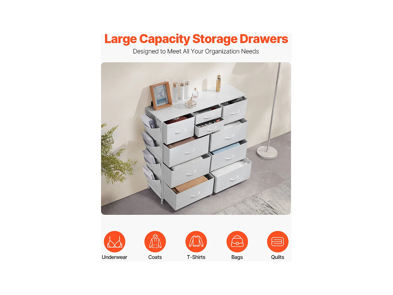 Cómoda con Cajones SucceBuy Cómoda de 10 Cajones, con Compartimentos de Tela y Estructura de Acero, Color Blanco