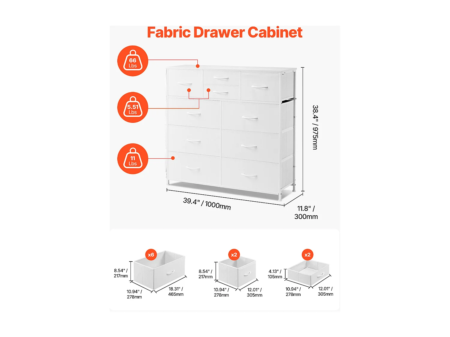 Commode Meuble de Rangement SucceBuy Commode 10 Tiroirs, Bacs de Rangement en Tissu et Cadre en Acier, Blanc