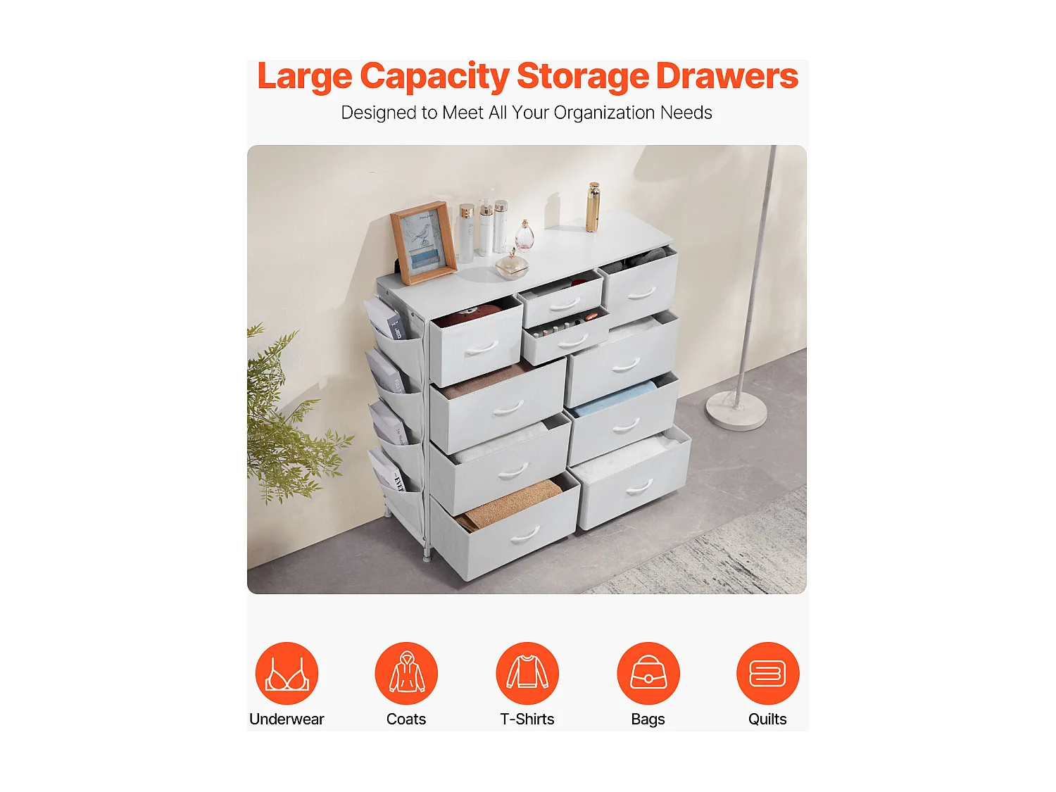 Commode Meuble de Rangement SucceBuy Commode 10 Tiroirs, Bacs de Rangement en Tissu et Cadre en Acier, Blanc