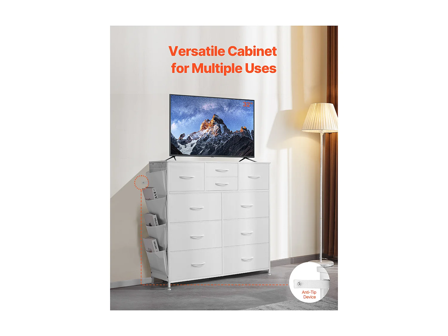 Commode Meuble de Rangement SucceBuy Commode 10 Tiroirs, Bacs de Rangement en Tissu et Cadre en Acier, Blanc