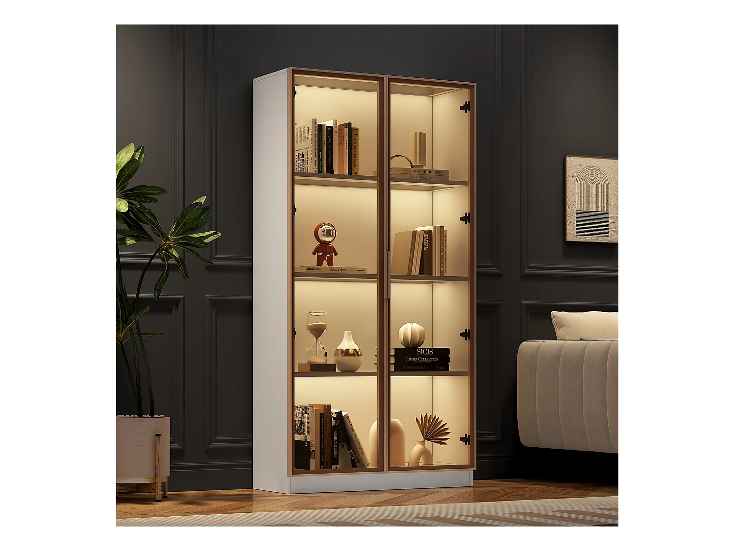 Vitrine blanc avec 2 portes en verre brun et 3 tablettes, LED inclus - 80x40x160cm