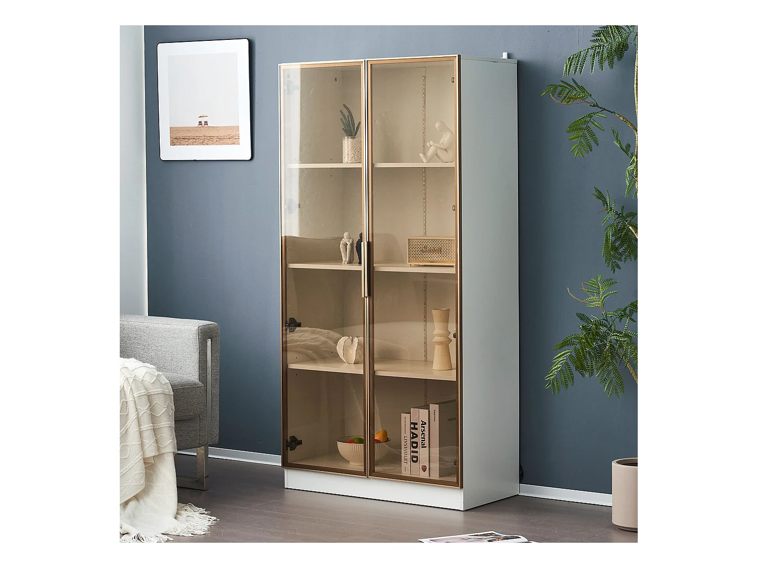 Vitrine blanc avec 2 portes en verre brun et 3 tablettes, LED inclus - 80x40x160cm