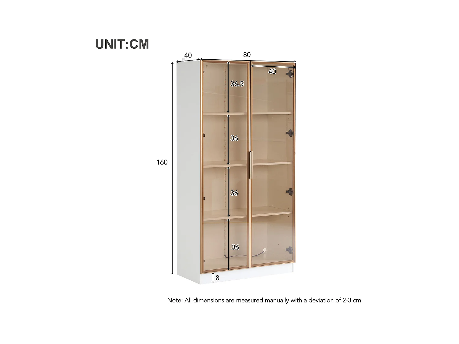 Vitrine blanc avec 2 portes en verre brun et 3 tablettes, LED inclus - 80x40x160cm