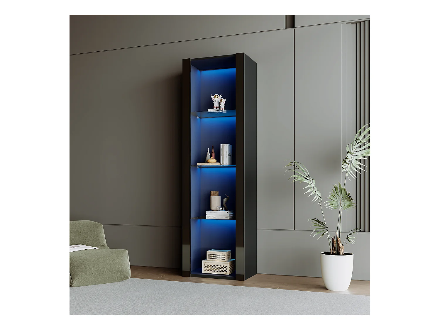 Vitrine haute avec 3 tablettes en verre, corps en MDF noir laqué, LED inclus - 55x38x166cm