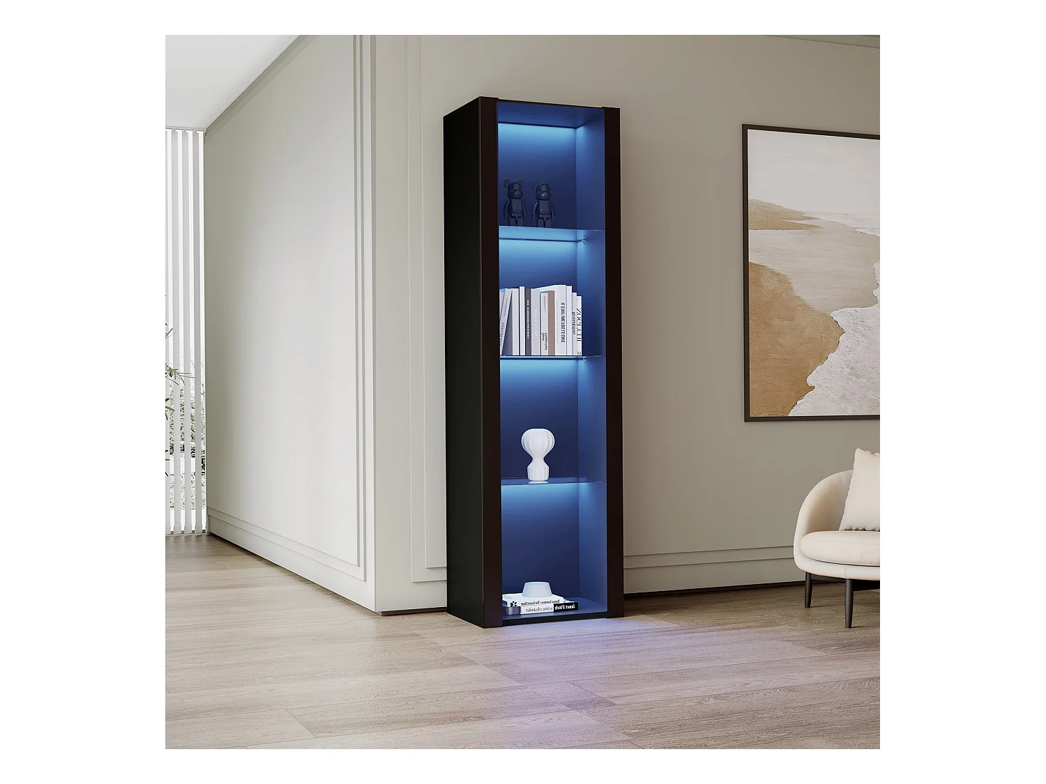 Vitrine haute avec 3 tablettes en verre, corps en MDF noir laqué, LED inclus - 55x38x166cm
