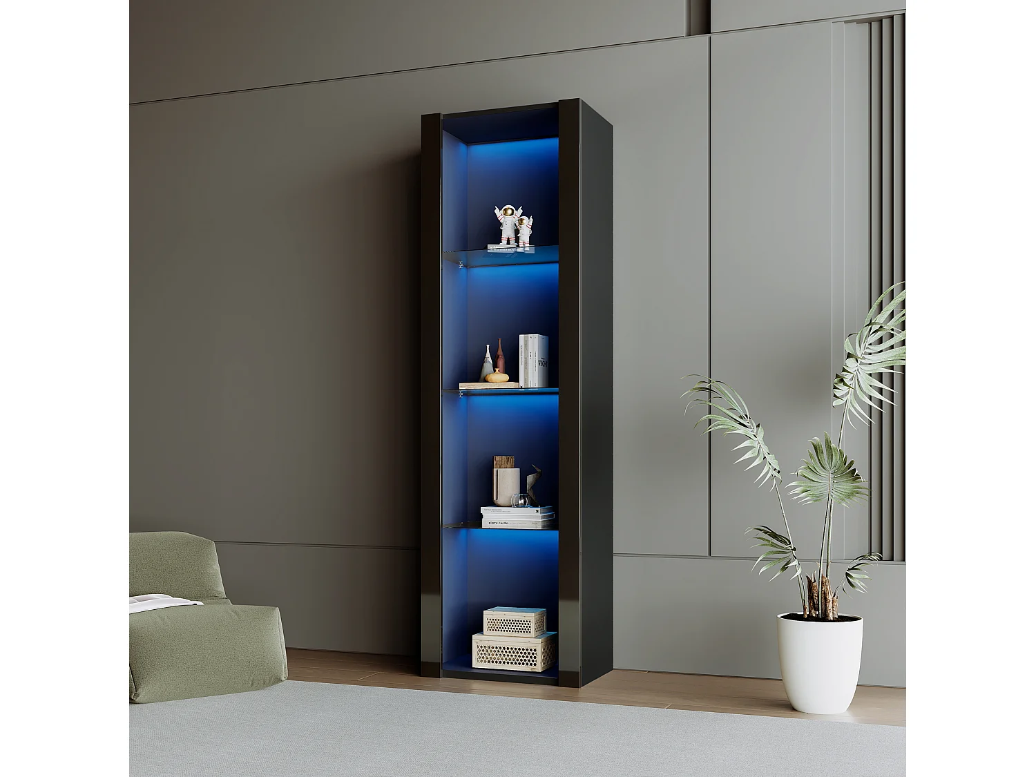 Vitrine alta com 3 prateleiras de vidro, corpo em MDF lacado preto, LED incluído - 55x38x166cm