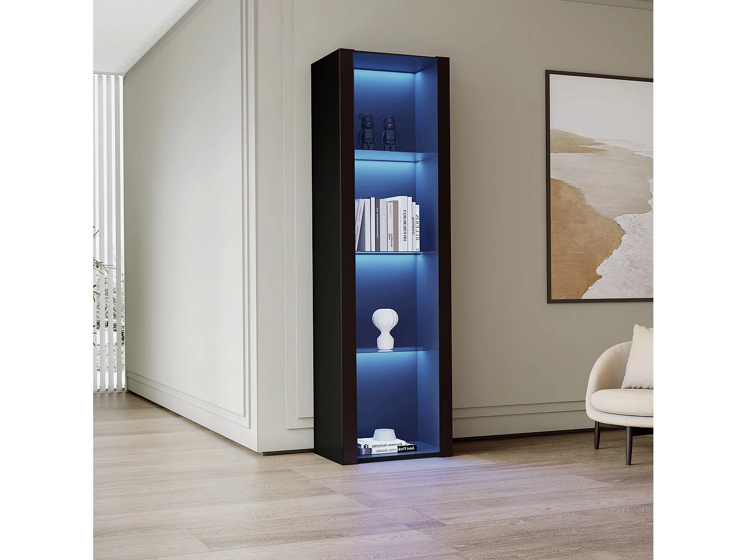 Vitrine alta com 3 prateleiras de vidro, corpo em MDF lacado preto, LED incluído - 55x38x166cm