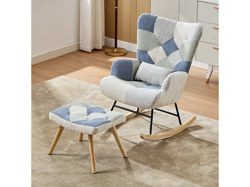 Fauteuil à bascule, rocking chair avec 1 coussin lombaire et tabouret, cadre en métal et pieds en bois, beige+bleu