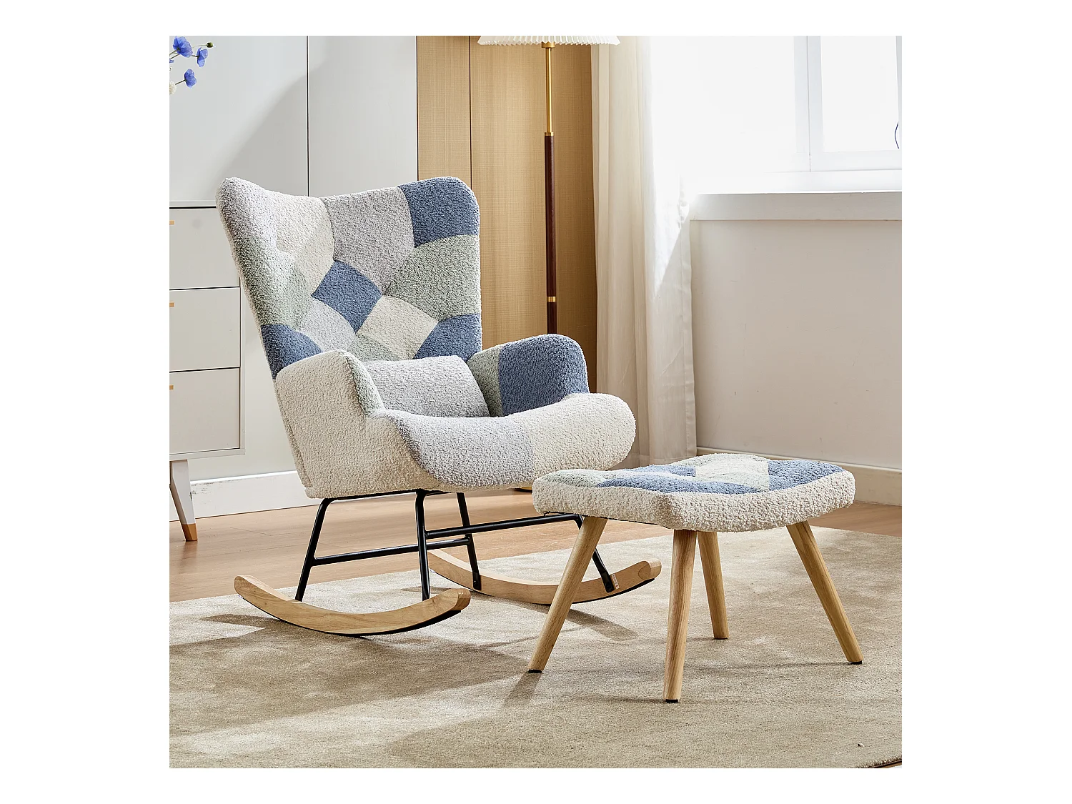 Mecedora con 1 cojín lumbar y taburete, estructura de metal y patas de madera, beige+azul