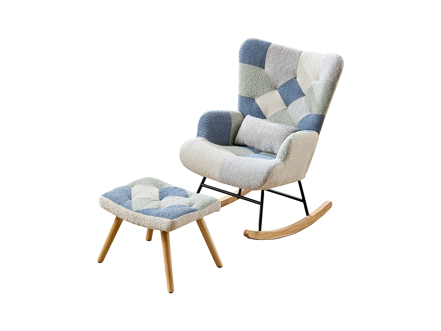 Mecedora con 1 cojín lumbar y taburete, estructura de metal y patas de madera, beige+azul