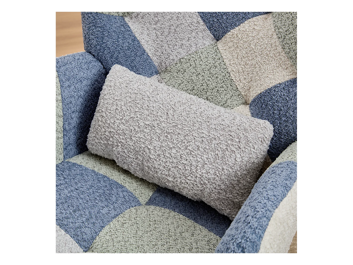 Mecedora con 1 cojín lumbar y taburete, estructura de metal y patas de madera, beige+azul