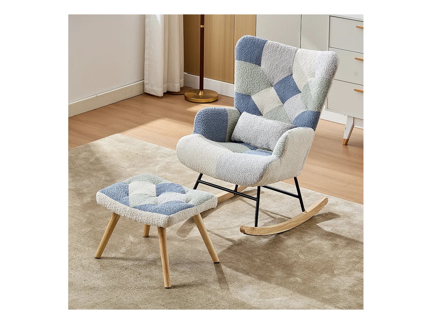 Fauteuil à bascule, rocking chair avec 1 coussin lombaire et tabouret, cadre en métal et pieds en bois, beige+bleu