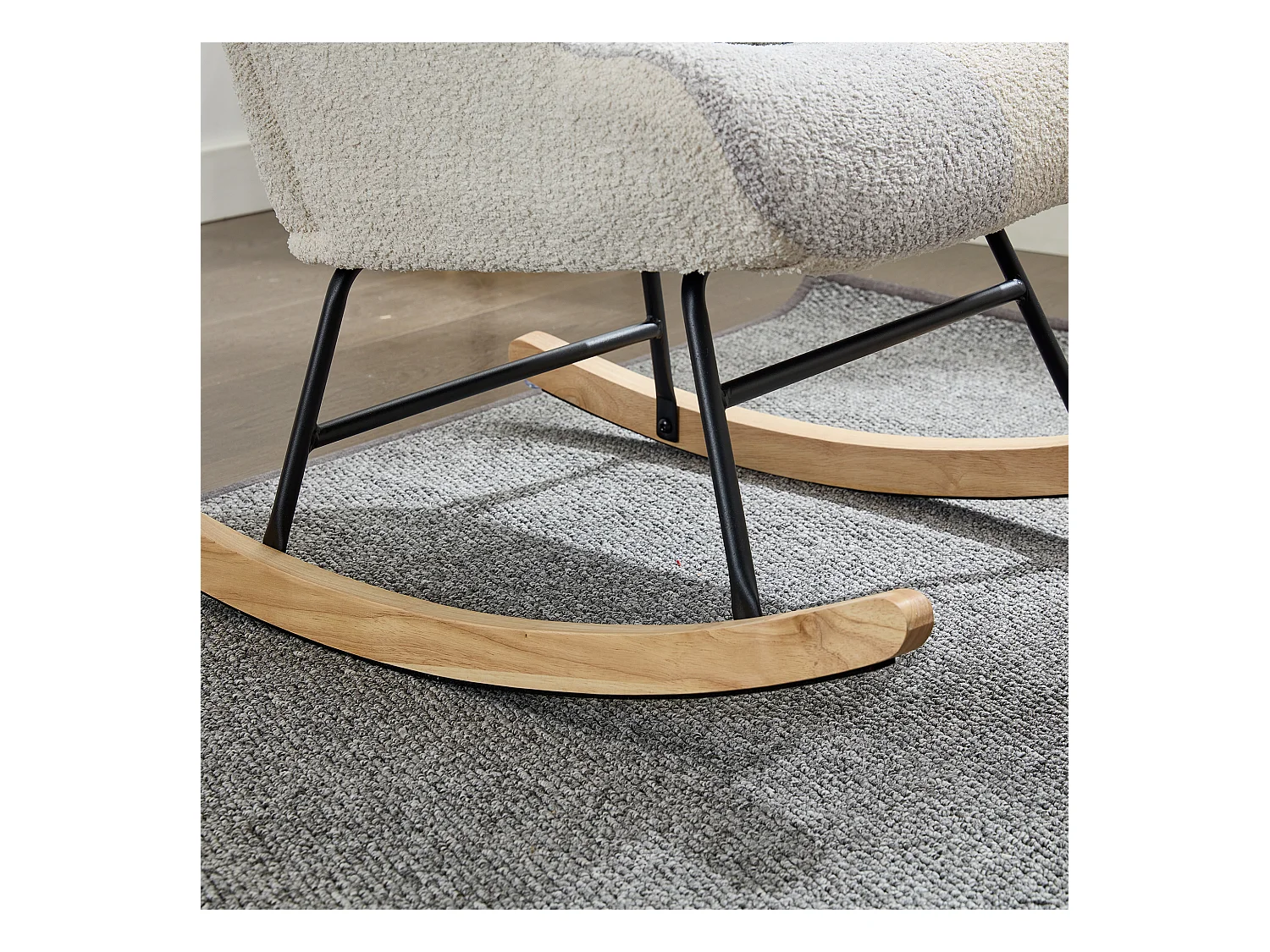 Fauteuil à bascule, rocking chair avec 1 coussin lombaire et tabouret, cadre en métal et pieds en bois, beige+bleu