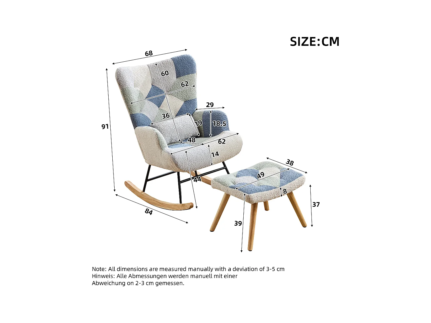 Fauteuil à bascule, rocking chair avec 1 coussin lombaire et tabouret, cadre en métal et pieds en bois, beige+bleu