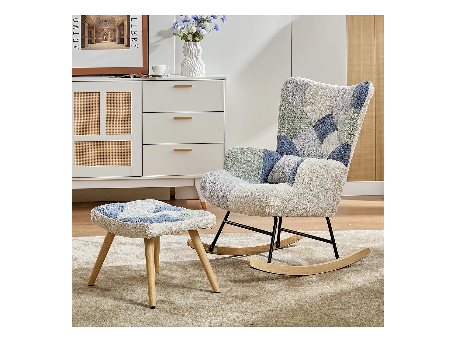 Fauteuil à bascule, rocking chair avec 1 coussin lombaire et tabouret, cadre en métal et pieds en bois, beige+bleu