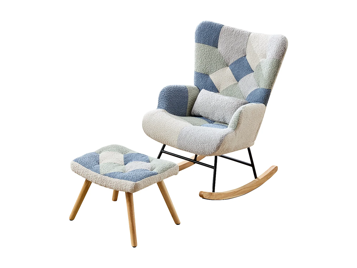 Sedia a dondolo con 1 cuscino lombare e sgabello, struttura in metallo e gambe in legno, beige+blu