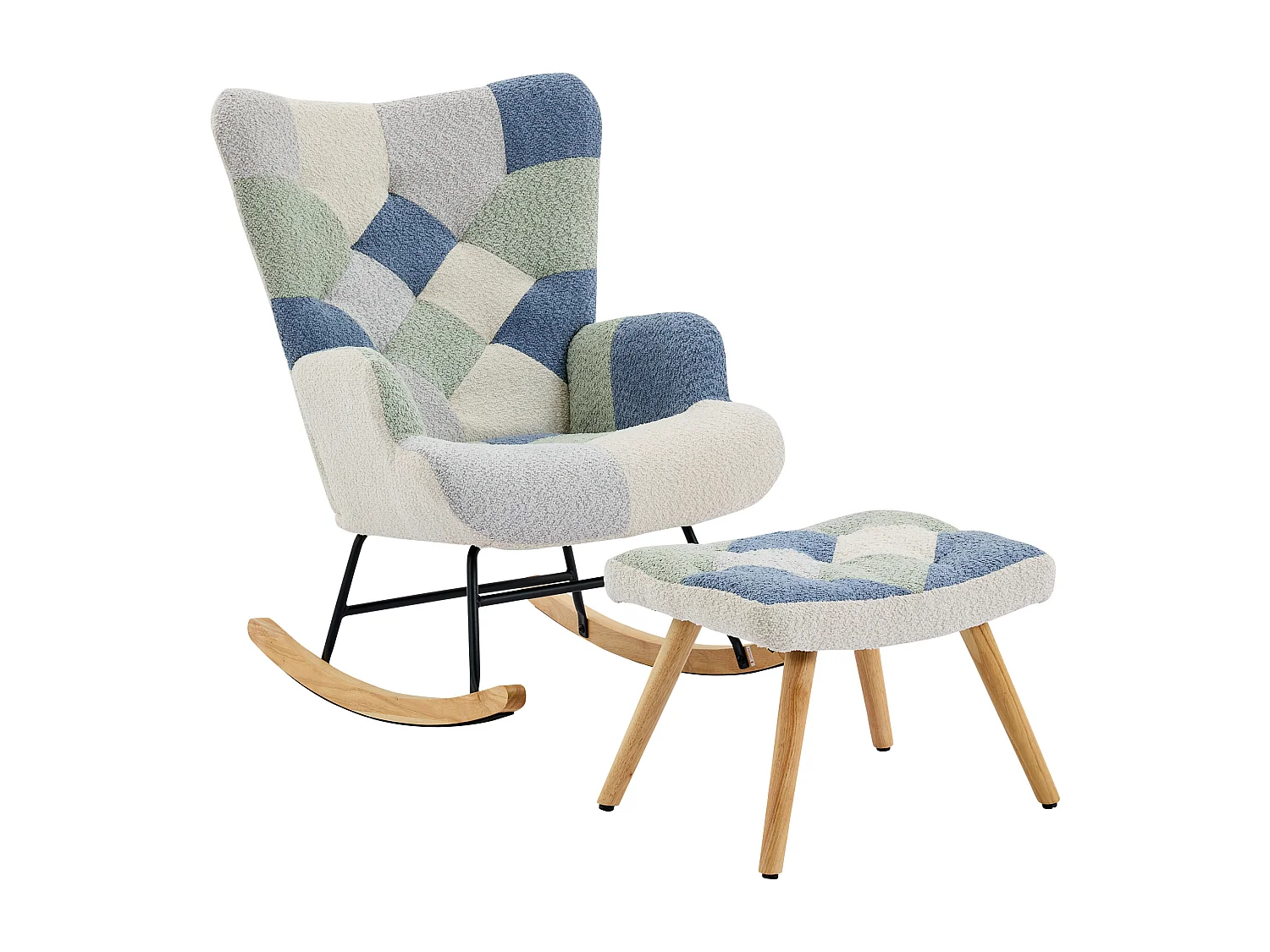 Fauteuil à bascule, rocking chair avec 1 coussin lombaire et tabouret, cadre en métal et pieds en bois, beige+bleu