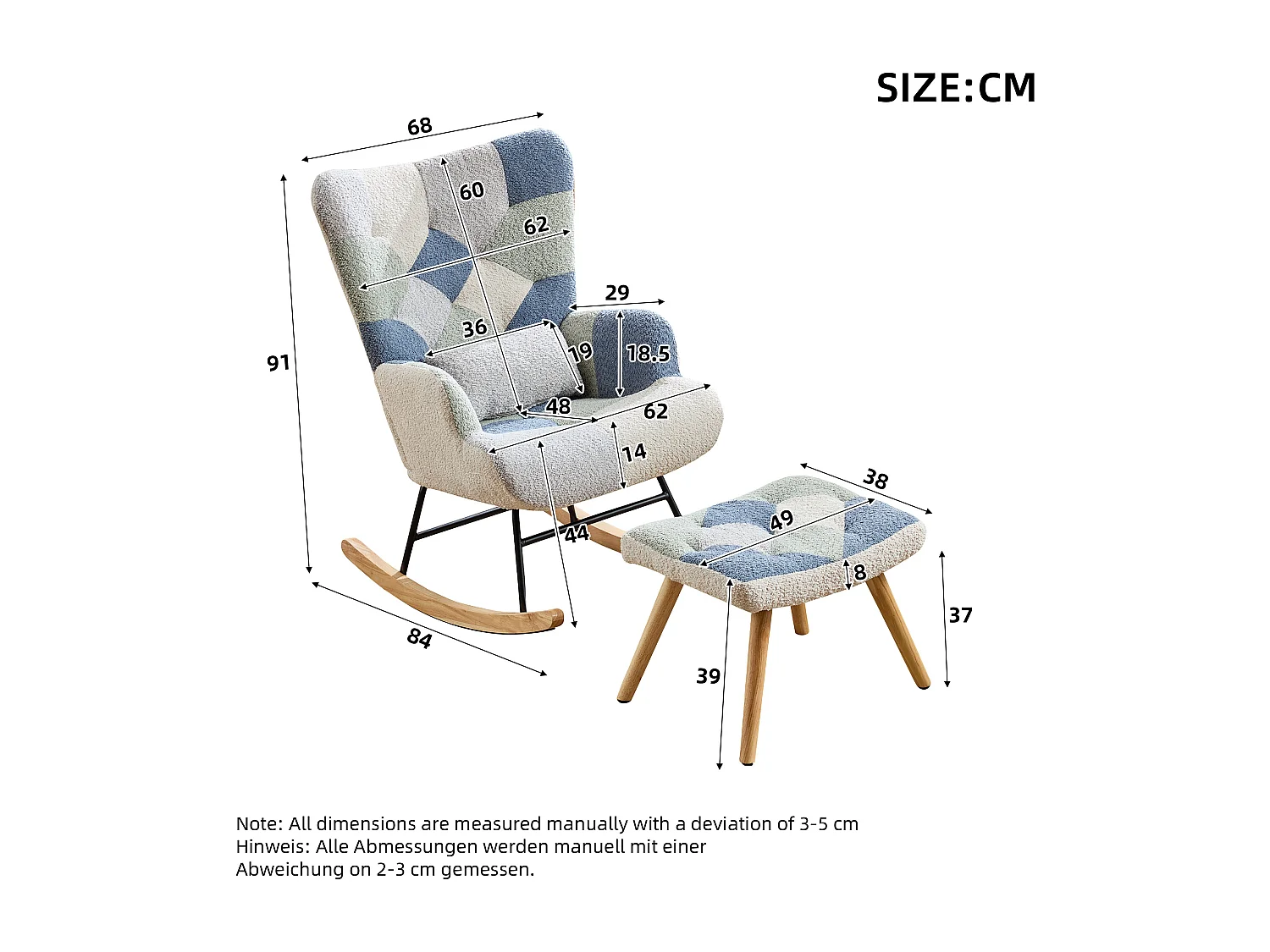 Fauteuil à bascule, rocking chair avec 1 coussin lombaire et tabouret, cadre en métal et pieds en bois, beige+bleu