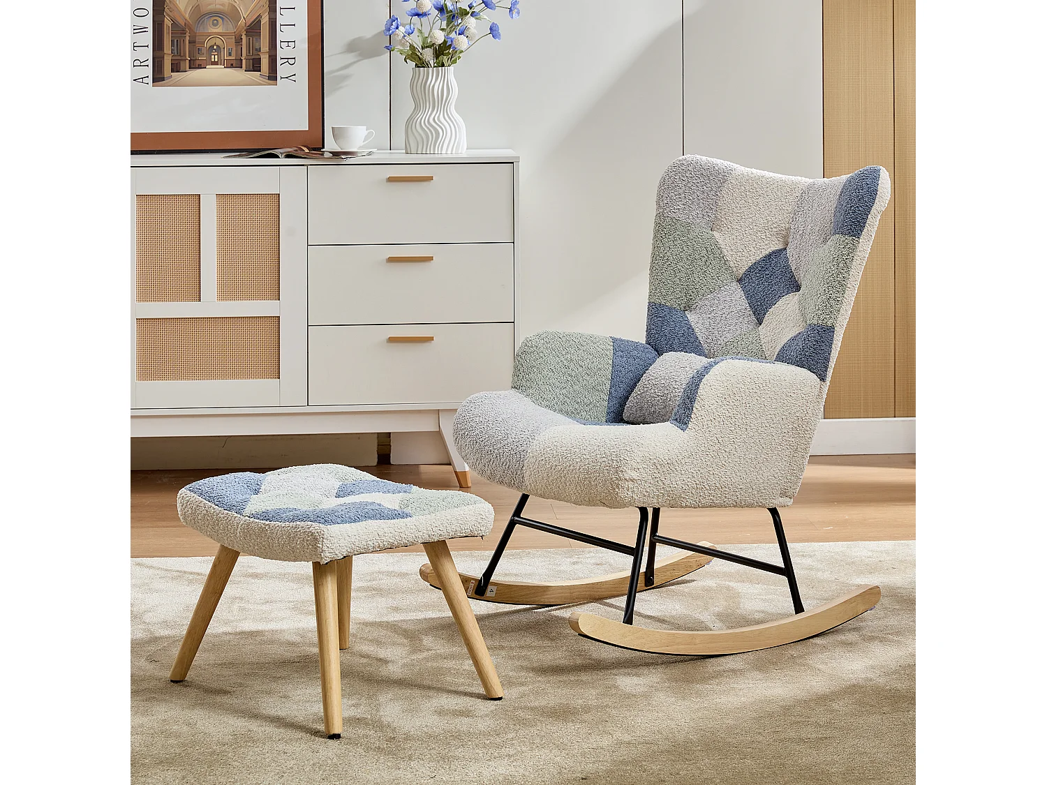 Fauteuil à bascule, rocking chair avec 1 coussin lombaire et tabouret, cadre en métal et pieds en bois, beige+bleu