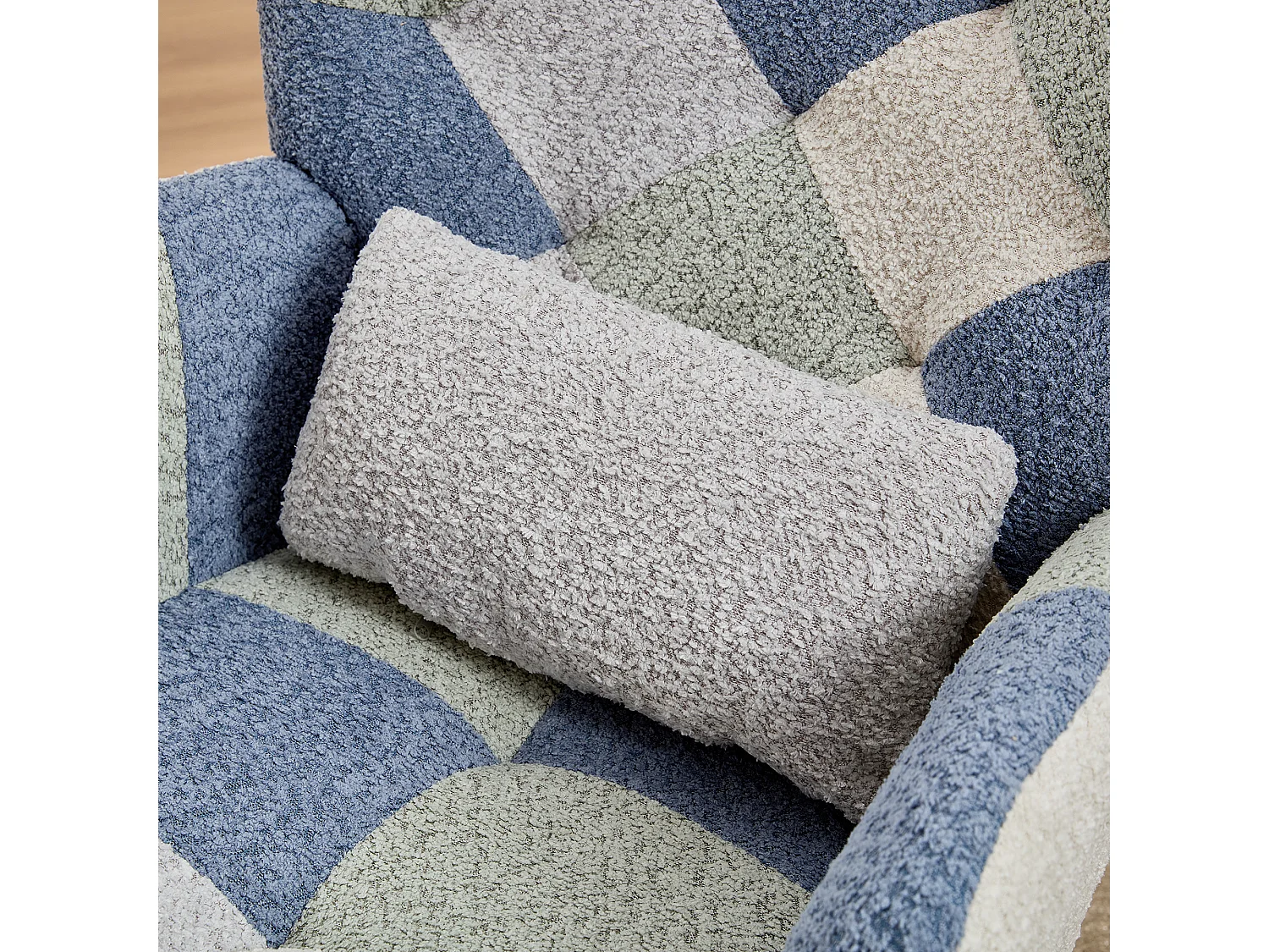 Fauteuil à bascule, rocking chair avec 1 coussin lombaire et tabouret, cadre en métal et pieds en bois, beige+bleu