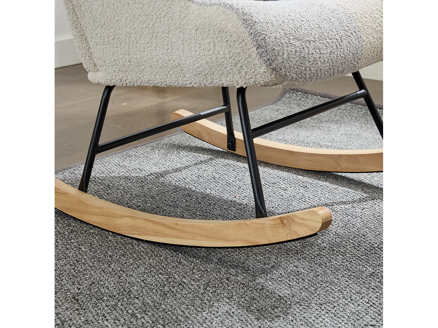 Fauteuil à bascule, rocking chair avec 1 coussin lombaire et tabouret, cadre en métal et pieds en bois, beige+bleu