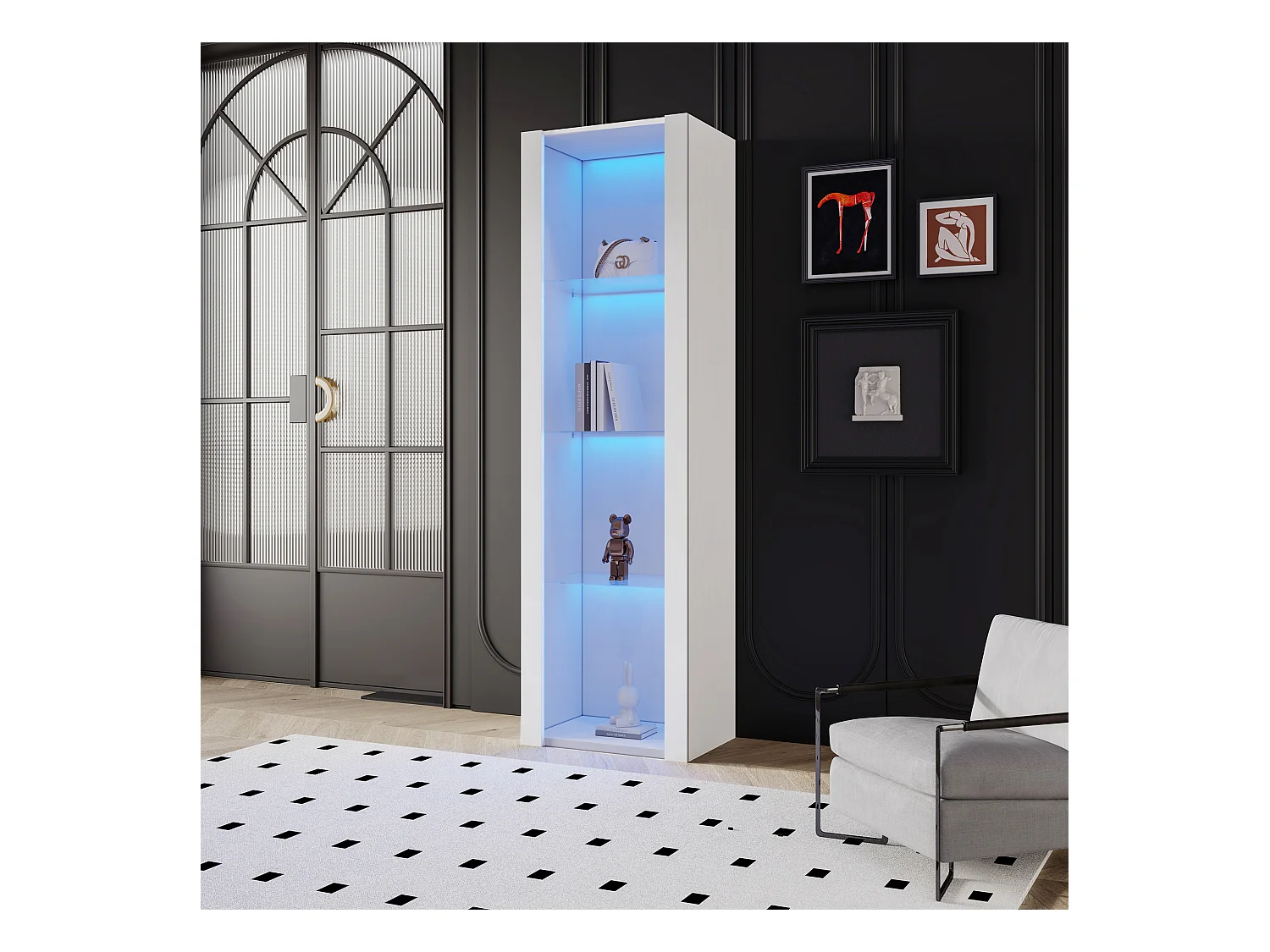 Hoge vitrinekast met 3 glazen planken, wit gelakte MDF-behuizing, inclusief LED - 55x38x166cm