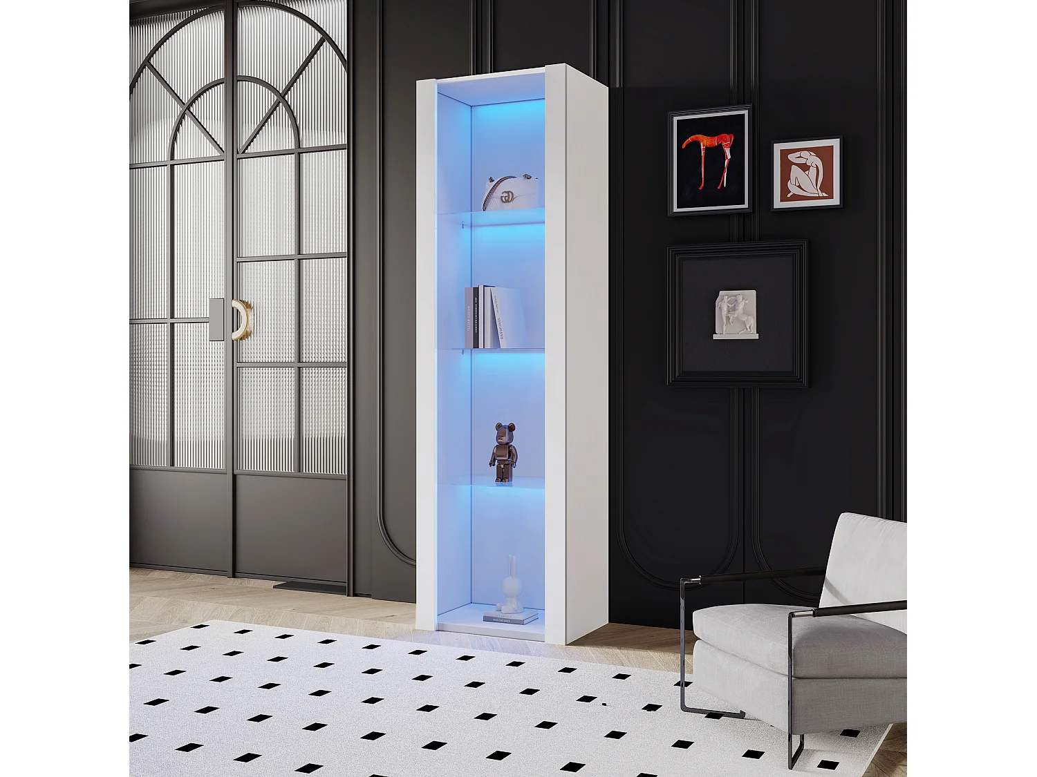 Vitrine alta com 3 prateleiras de vidro, corpo em MDF lacado branco, LED incluído - 55x38x166cm