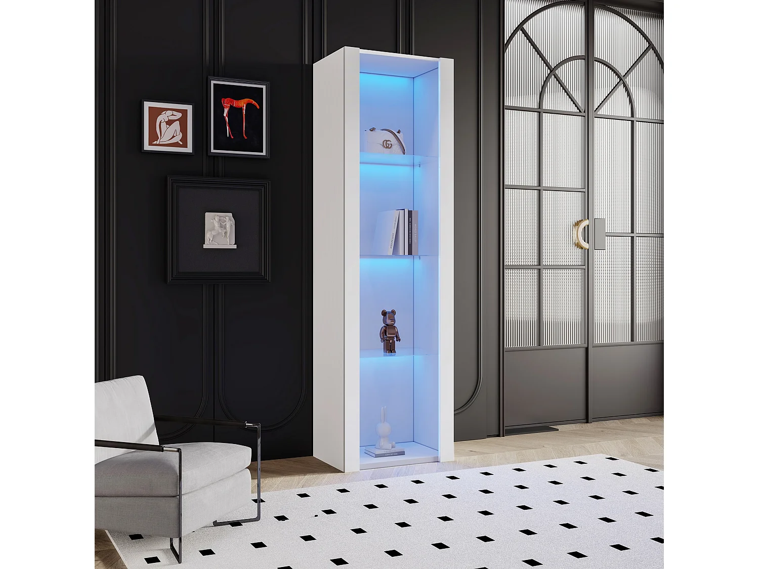 Vitrine alta com 3 prateleiras de vidro, corpo em MDF lacado branco, LED incluído - 55x38x166cm