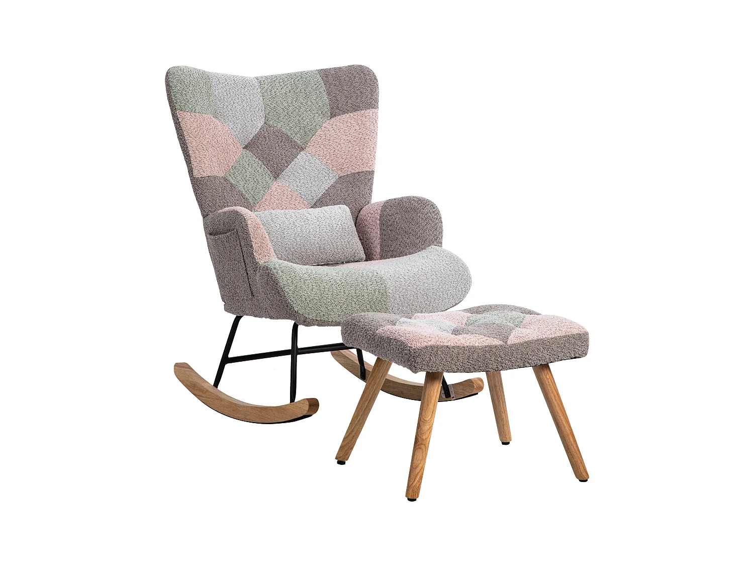 Mecedora con 1 cojín lumbar y taburete, respaldo regulable, estructura de metal y patas de madera, multicolor