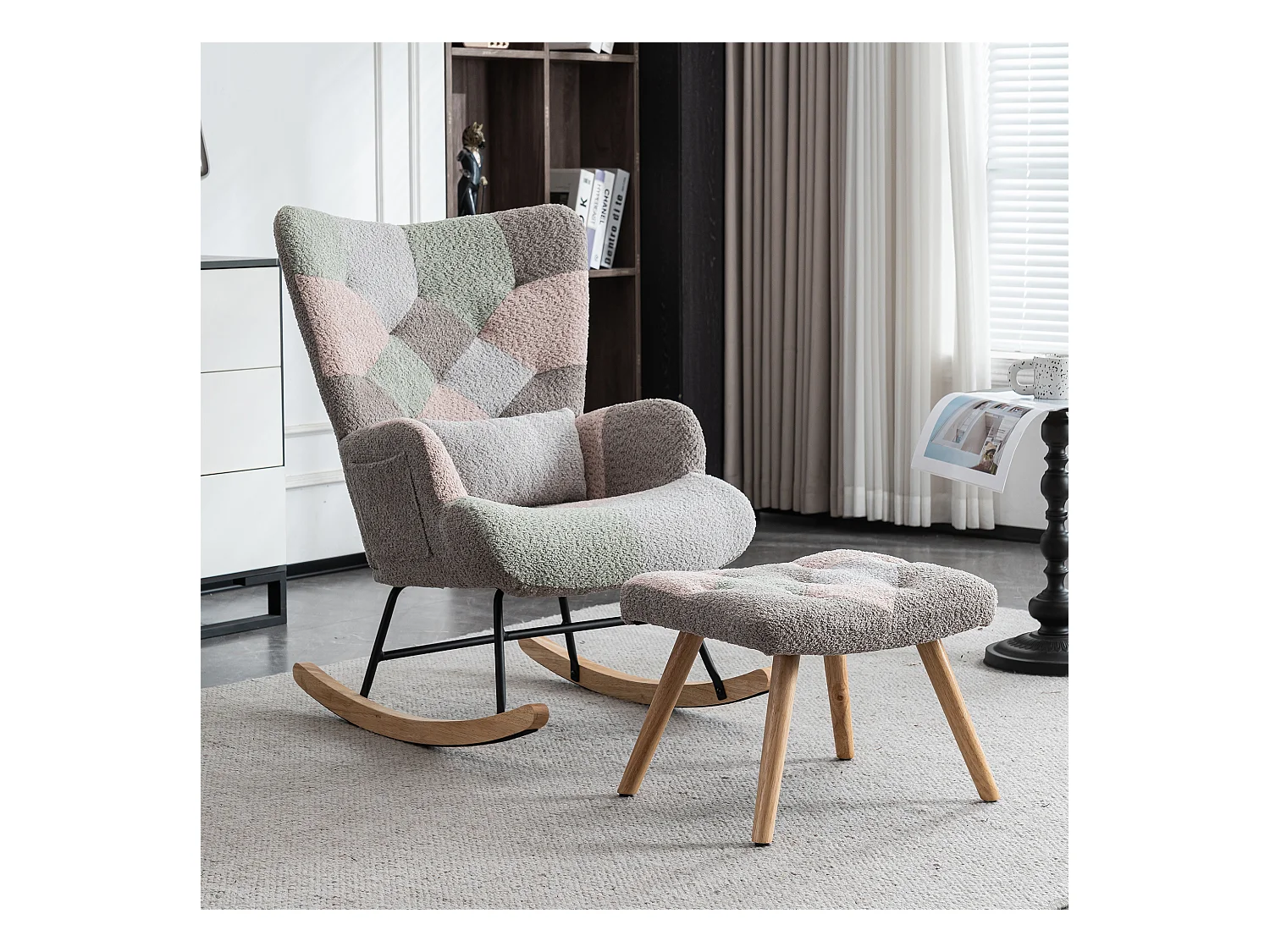 Fauteuil à bascule, rocking chair avec 1 coussin lombaire et tabouret, dossier réglable, cadre en métal et pieds en bois, multicolore