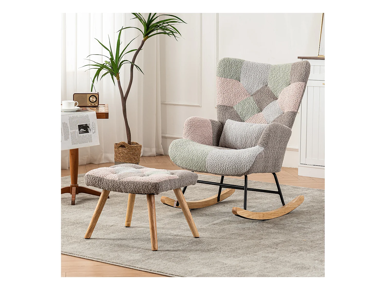 Fauteuil à bascule, rocking chair avec 1 coussin lombaire et tabouret, dossier réglable, cadre en métal et pieds en bois, multicolore