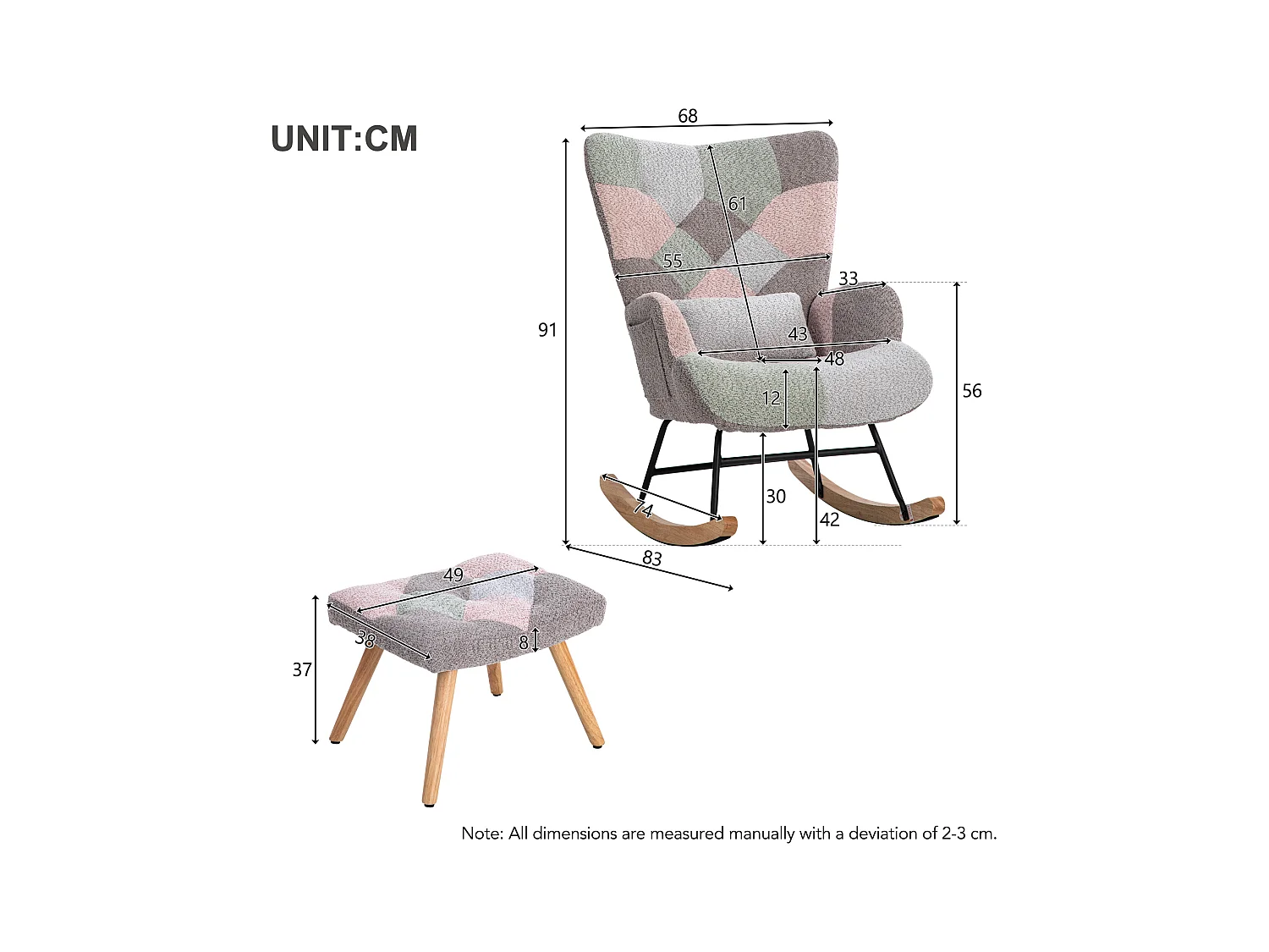 Fauteuil à bascule, rocking chair avec 1 coussin lombaire et tabouret, dossier réglable, cadre en métal et pieds en bois, multicolore