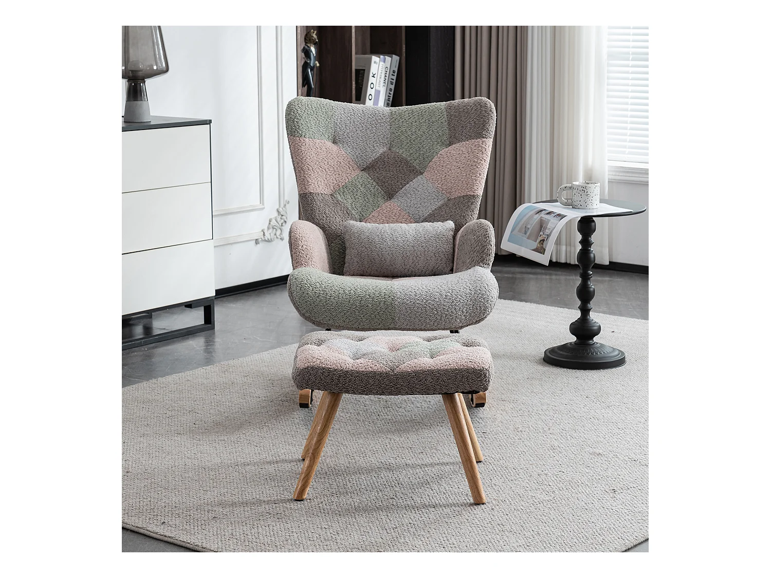 Fauteuil à bascule, rocking chair avec 1 coussin lombaire et tabouret, dossier réglable, cadre en métal et pieds en bois, multicolore