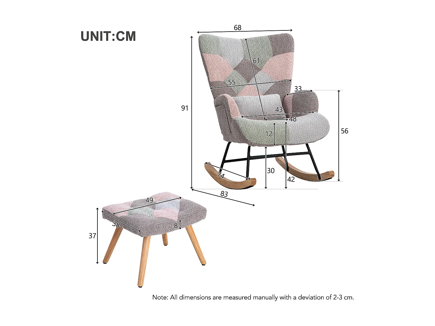Cadeira de balanço com 1 almofada lombar e banco, estrutura de metal e pernas de madeira, multicolorido