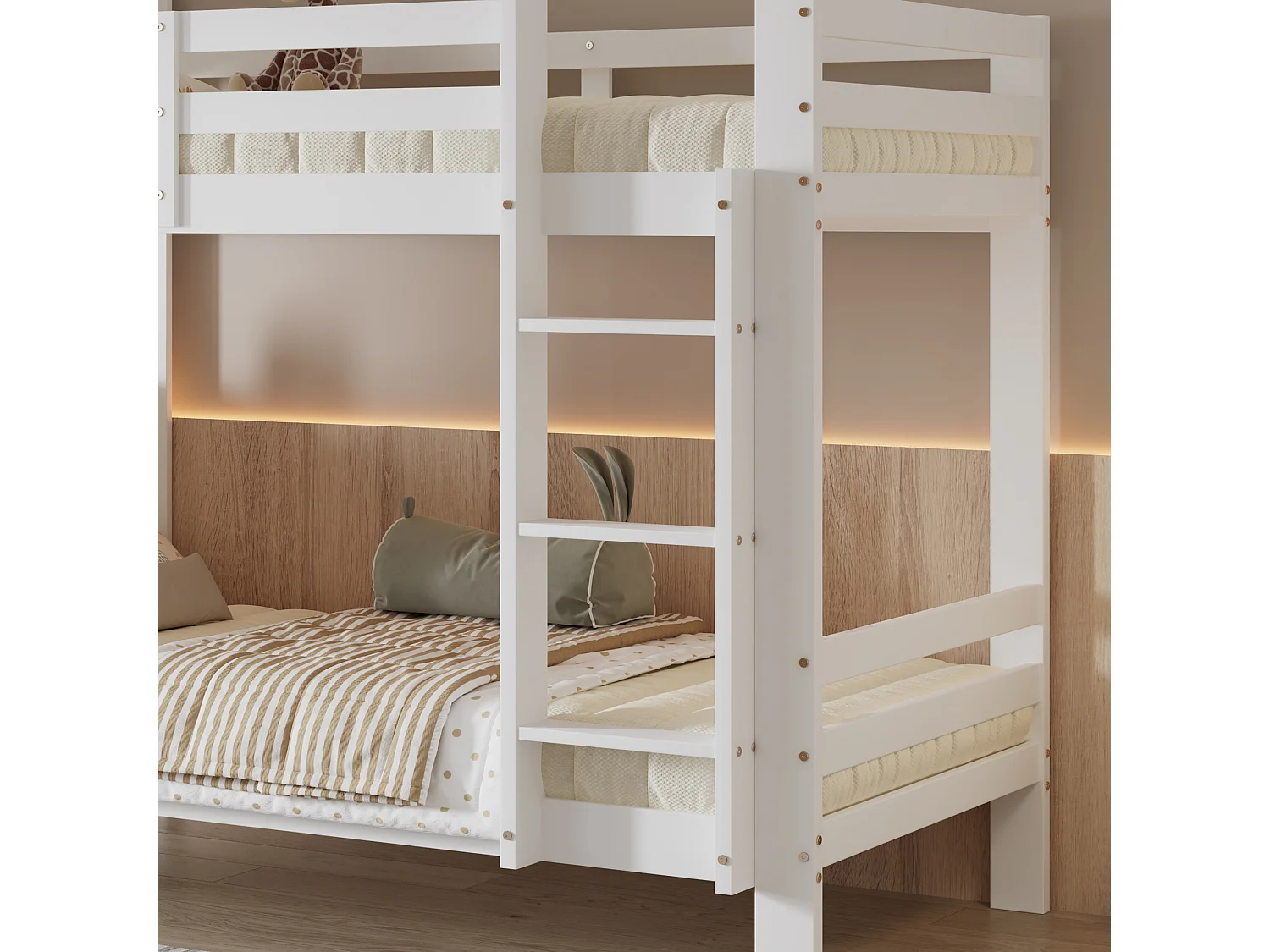 Lit superposé enfant 90x200cm avec escalier et étagères de rangement, sommier à lattes, sans matelas, blanc