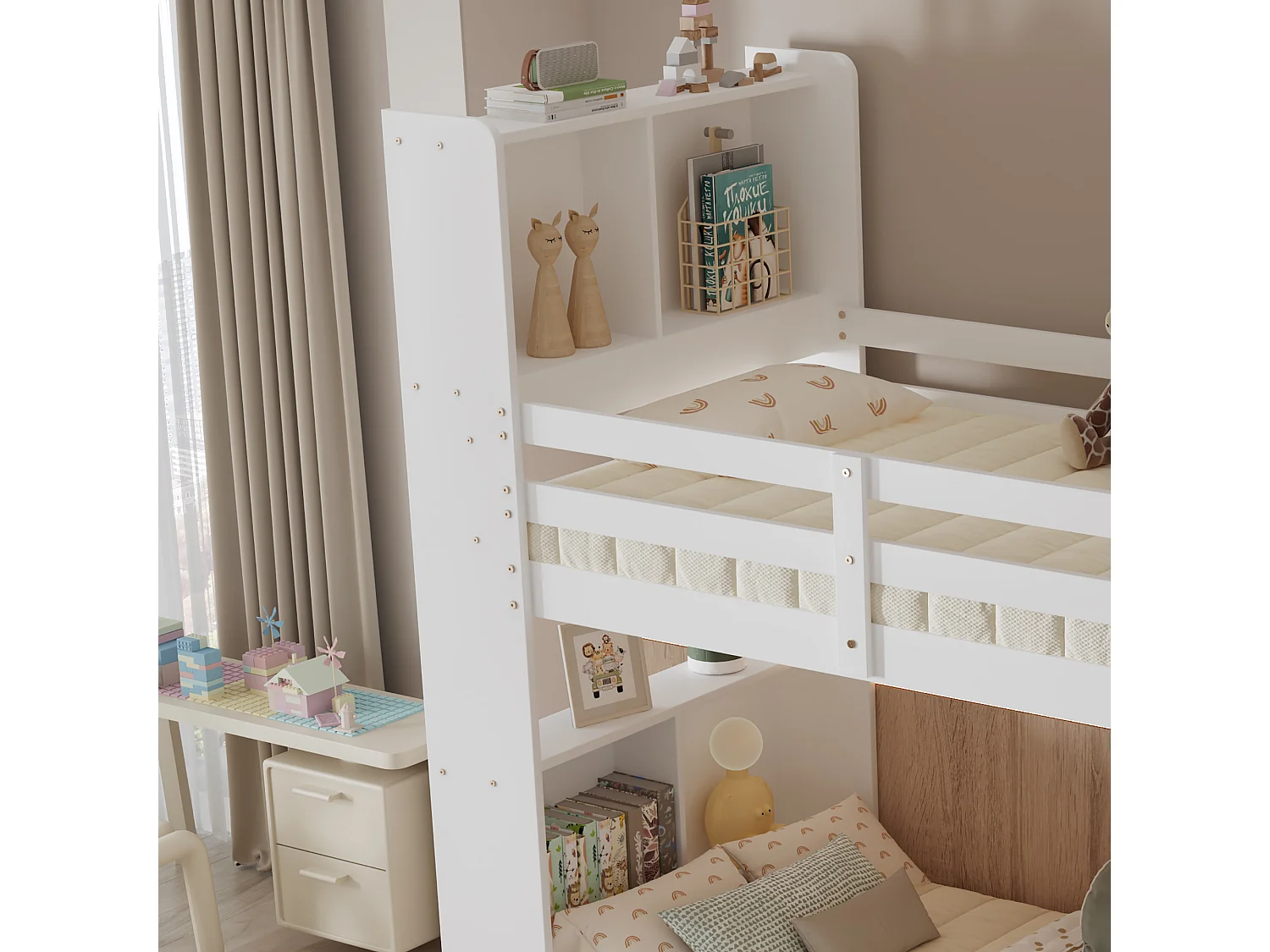 Lit superposé enfant 90x200cm avec escalier et étagères de rangement, sommier à lattes, sans matelas, blanc