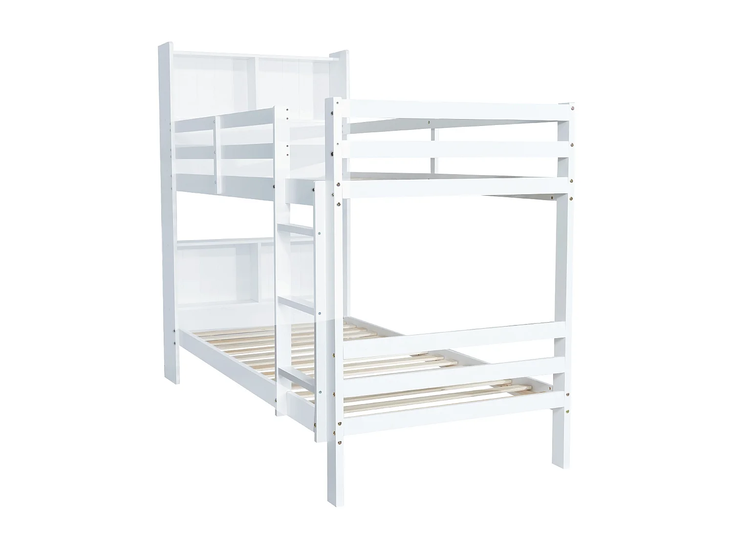 Lit superposé enfant 90x200cm avec escalier et étagères de rangement, sommier à lattes, sans matelas, blanc